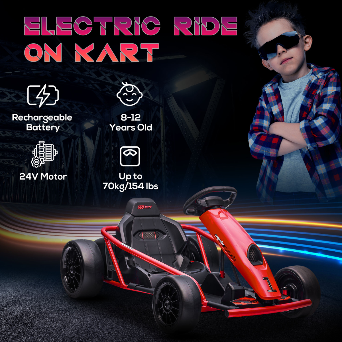 HOMCOM 24V Electric Go Kart for Kids with Music, Horn Honking, Slow Start