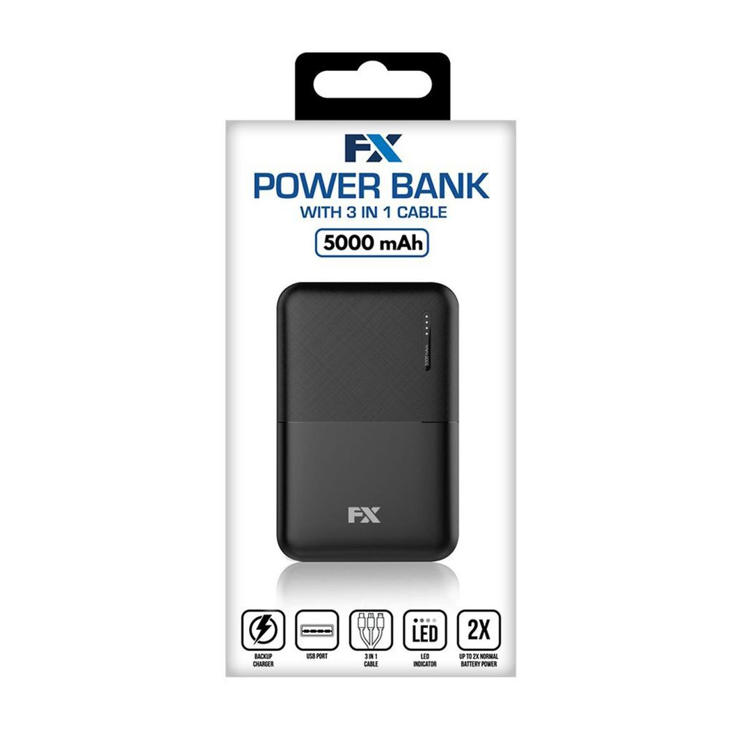 FX Power Bank 5000 mAh with Type C Input, Compatible with Smartphones - Black