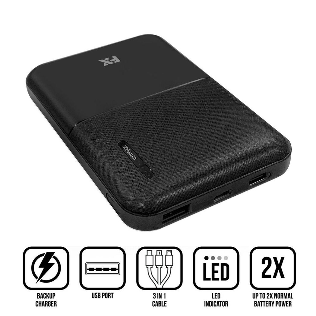 FX Power Bank 5000 mAh with Type C Input, Compatible with Smartphones - Black
